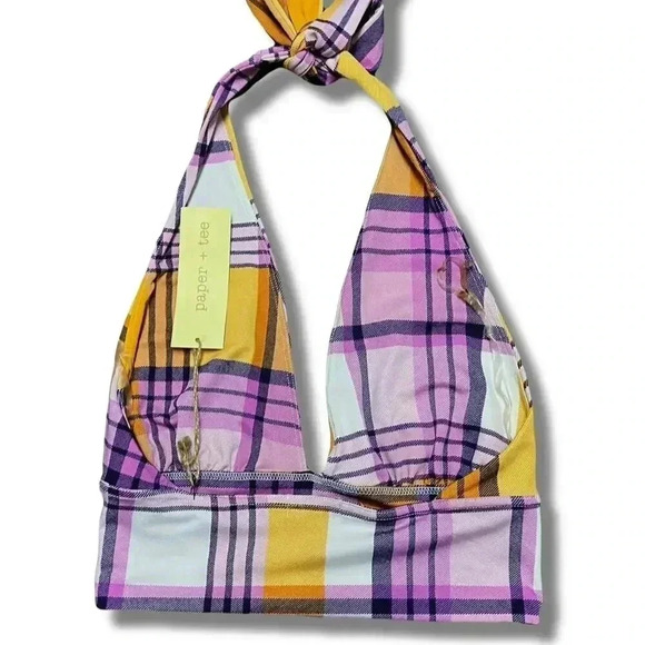 Paper & Tee Women's Tartan Plaid Halter Top size S Multicolor Adjustable - Picture 3 of 4